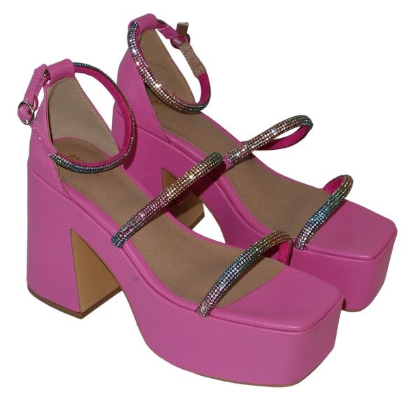 New Nasty Gal Pink Strappy Platform Heels with Rainbow Diamante Accent size 10 - Picture 3 of 7